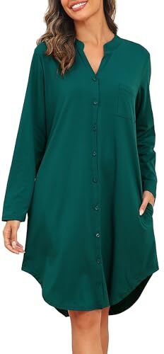 Vlazom Camicia da Notte Cotone, Camicia da Notte a Maniche Lunghe Camicia Notte Bottoni Davanti Camicie da Notte Donna Curvy, M, A-Verde Scuro