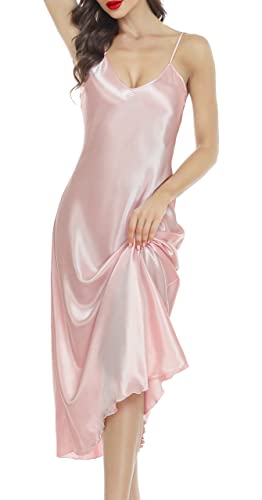 Lovasy Camicia da Notte Donna Raso Sexy Baby Doll Spalline Regolabili Vestaglia Lunga Intimo con Scollo a V Sottoveste,Rosa XL