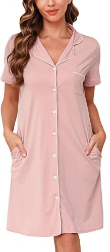 Vlazom Camicia da Notte Donna Estiva con Bottoni Camicia da Notte Manica Corta Aperta Davanti Pigiama Donna Corto Vestaglie Estive Donna,S,A-Rosa