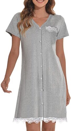 heekpek Camicia da Notte Donna Cotone con Bottoni Estiva Scollo a V Elegante Camicia Premaman Manica Corta Sciolto Pigiama Vestito con Orlo in Pizzo, Grigio, XL