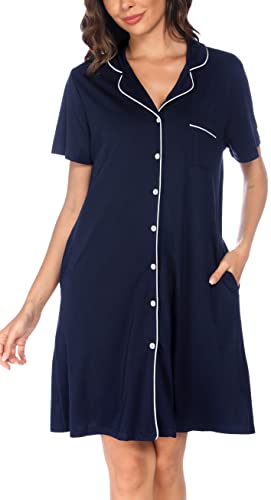 Vlazom Camicia da Notte Donna Estiva con Bottoni Camicia da Notte Manica Corta Aperta Davanti Pigiama Donna Corto Vestaglie Estive Donna,L,A-Blu Marino