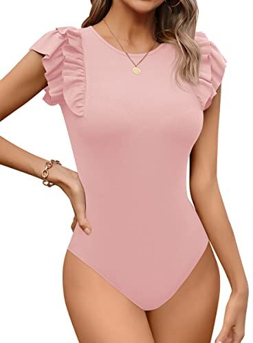 Missufe Body da donna elegante, scollo rotondo, con volant, a maniche corte, Colore: rosa., M