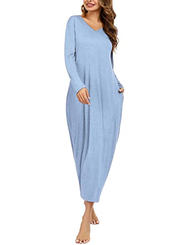 Sykooria Camicia da Notte Manica Lunga Donna a V Camice da Notte in Cotone Lungo da Notte Invernale con Tasche,Pigiama Comodo Ampio Tinta Unita Abbigliamentoda Casa a_Blu XL