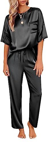 Ekouaer Donna Pigiama Estivo Pigiami Due Pezzi Manica Corta Satin Camicia da Notte Pantaloni Elegante, Nero, M