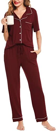 Lovasy Pigiama Donna Estivo Set Cotone Camicia con Bottoni Comodo Pantaloni Lunghi Manica Corta Aperto Davanti Lungo,Rosso,XL