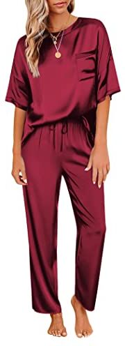 Ekouaer Pigiama Donna Estivo Camicia da Notte Manica Corta Pigiami Due Pezzi Pantaloni Satinato Morbida, Vino Rosso, M