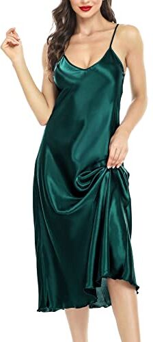 Lovasy Camicia da Notte Donna Raso Sexy Baby Doll Spalline Regolabili Vestaglia Lunga Intimo con Scollo a V Sottoveste,Verde Scuro L