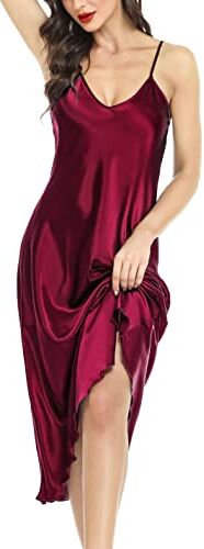 Lovasy Camicia da Notte Donna Raso Sexy Baby Doll Spalline Regolabili Vestaglia Lunga Intimo con Scollo a V Sottoveste,Rosso Scuro, L