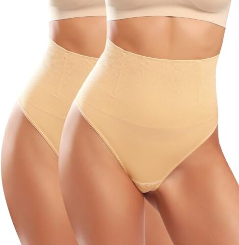 Tuopuda Perizoma Donna Mutande Contenitive Intimo Modellante Vita Alta Slip Pantaloncini Thong Shapewear Dimagrante Pancia Piatta Guaina Contenitivo Invisibile Tanga, Beige*2, XS