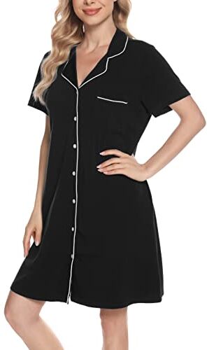 Vlazom Camicia da Notte Donna Estiva con Bottoni Camicia da Notte Manica Corta Aperta Davanti Pigiama Donna Corto Vestaglie Estive Donna,L,A-Nero