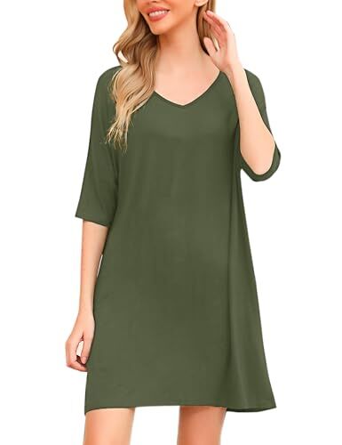 Irdcomps Camicia da Notte Donna Cotone Maniche Corte Vestito da Notte Corta Camicie Notte Donna Sciolto Scollo a V Pigiama Abbigliamentda Case Verde L