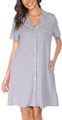 Vlazom Camicia da Notte Donna Estiva con Bottoni Camicia da Notte Manica Corta Aperta Davanti Pigiama Donna Corto Vestaglie Estive Donna,S,A-Grigio Chiaro Floreale