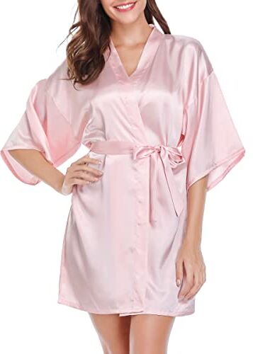 Vlazom Kimono in Raso da Donna, Accappatoi e Vestaglie Satin Sexy Pigiama Kimono Scollo V con Tasche Cintura per Sposa Camicia da Notte,XL,Rosa