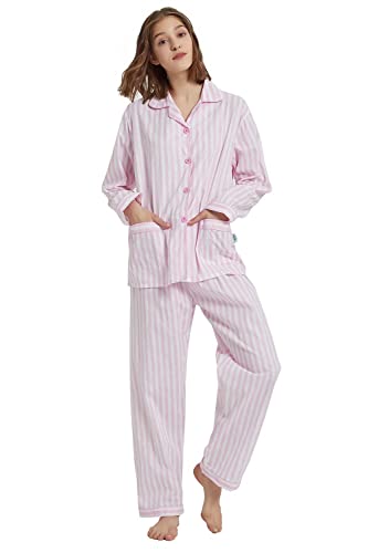 GLOBAL Set Pigiama da Donna 100% Cotone Manica Lunga Abbottonatura Pigiameria Femminile con Coulisse Set da Notte Morbido e Traspirante Pigiama da Donna XS