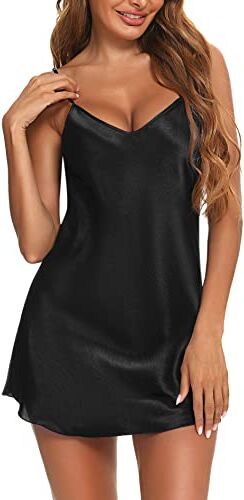 Litherday Camicie Notte Donna Seta Camicie Notte Sexy Babydoll Sottogonna Corta da Donna Pigiama da Donna con Cinturino Regolabile Camicia da Notte Intimo con Scollo a V A-Nero 3XL