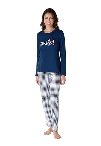 LOVABLE Set di pigiama Lungo Girocollo in Jersey Donna, Blu, XL