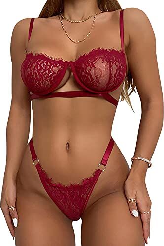 heekpek Donna Completo Intimo Hot Babydoll Sexy Lingerie Aperto 2 Pezzi Soft Reggiseno Pizzo con Ferretto e Perizoma (Vino Rosso, L)