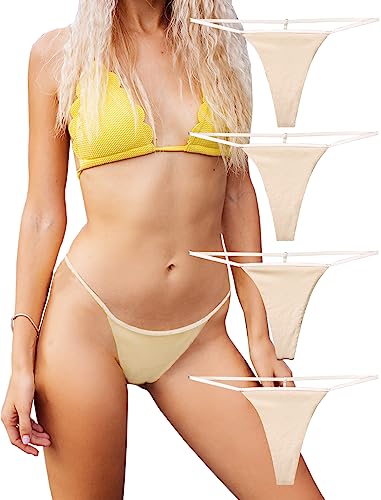 Panda Sexy T Indietro Perizoma Slip Donna Tanga Cotone Elastico Mutande Senza Cuciture Pacco da 4 (Beige, X-Small)