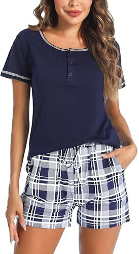 Litherday Pigiama Donna Estivo Pigiama Cotone Donna Pigiama Corto Donna Pigiami Due Pezzi da Donna Pigiami Casual da Casa Morbido e Confortevole Pigiami Donna A2-Blu Scuro XXL