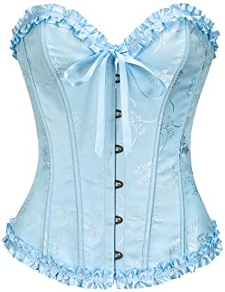 SZIVYSHI Blu Chiaro Corsetto Donna Top Overbust Lace Up Waist Cincher Bustier Lingerie Motivo di Bambù con Fiore di Prugna Taglia XXL