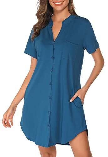 Vlazom Camicie da Notte Donna in Cotone,Camicia da Notte Estiva Donna Scollo a V Camicie Notte Pigiama a Manica Corta Bottoni Davanti Camicie da Notte Donna Curvy,S,B-Blu Cobalto