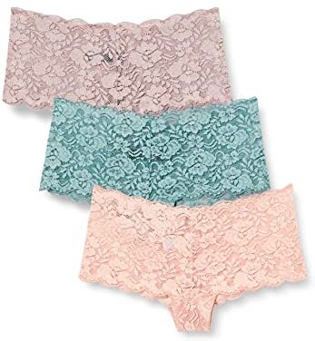 Iris & Lilly Intimo Hipster Cheeky in Pizzo Donna, Pacco da 3, Celeste Chiaro/Porpora Opaco/Rosa Chiaro, 42