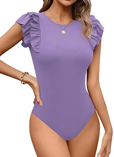 Missufe Body da donna elegante, scollo rotondo, con volant, a maniche corte, Lilla, XXL