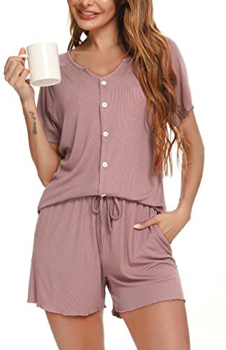 Vlazom Pigiama da Donna Manica Corta Pigiama Set con Bottoni Indumenti da Notte con Scollo a V Indumenti da Notte Estivi,XL,A-Rosa Scuro