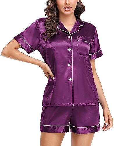 Lovasy Pigiama Donna Estivo in Raso con Bottoni Davanti Corto Seta Spalline Bianco Nero Blu Pigiami Donna Seta Corto Set, Viola XL