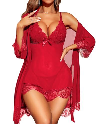 RSLOVE Lingerie Donna Sexy Babydoll in Pizzo Camicia da Notte Set di Pigiama Completo Intimi Vestaglia A Rete Rosso L