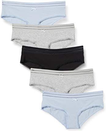 Iris & Lilly Slip Cheeky Hipster in Cotone con Dettagli in Pizzo Donna, Pacco da 5, Blu Pastello/Grigio Puntinato/Nero, 50