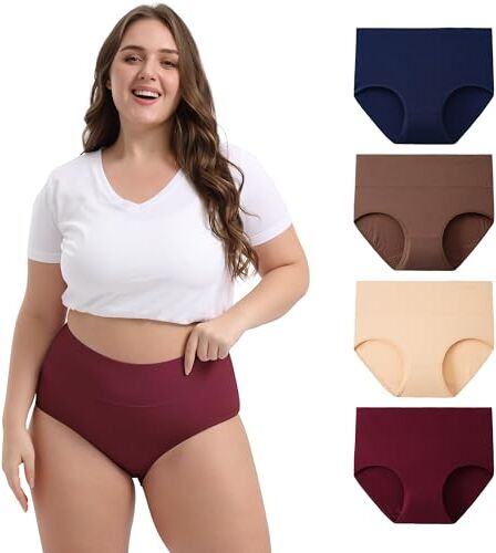 INNERSY Mutande Donna Taglie Forti Curvy Slip Cotone Vita Alta Culotte Plus Size Pacco da 4 (EU 60-62, Popolare Multicolore)