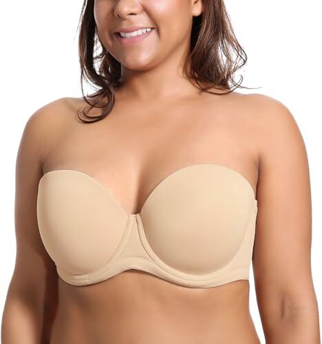 DELIMIRA Donna Reggiseno Senza Spalline Invisibile con Ferretto con Coppe Grandi Beige 7C