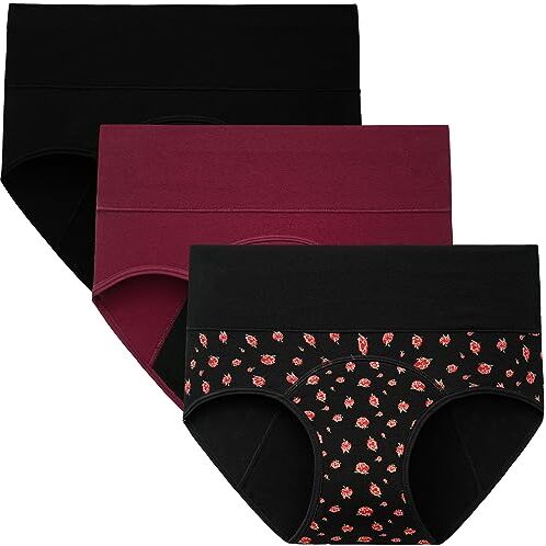 INNERSY Mutande Ciclo Mestruale Donna Slip Mestruali Vita Alta Mutandine Assorbenti Pacco da 3 (46, Stampa Floreale, Nero, Rosso Scuro)