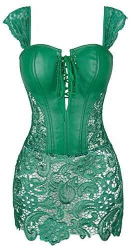 SZIVYSHI Donna Corsetto in Pelle Verde Sexy Corpetto Elegante per Abito da Cerimonia, Costume Pirata, Steampunk, Gotico, Burlesque e Abiti Curvy con Pizzo e Gonna Top, Body, Bustino XL