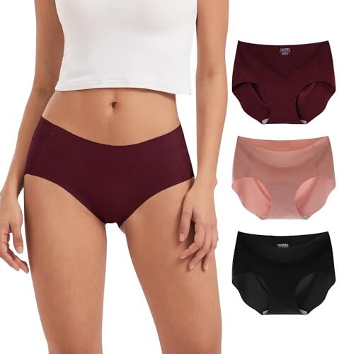 INNERSY Slip Donna Senza Cuciture Microfibra Mutande Invisibile Culotte Vita Media Pacco da 3 (XS, Nero, Rosso Scuro, Rosa)