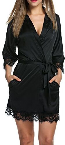 Balancora Vestaglia da donna Accappatoio in raso Kimono sexy con tasche Vestaglia corta con cintura Camicia da notte per pigiameria da sposa con pizzo Nero S