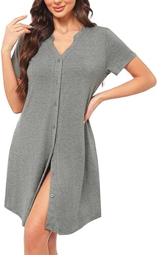 Irdcomps Camicie da Notte Donna in Cotone Pigiama da Notte Maniche Corta Bottoni Camicia da Notte Estiva Aperta Davanti con Scollo a V Vestito Casual Donna(Grigio,XL)