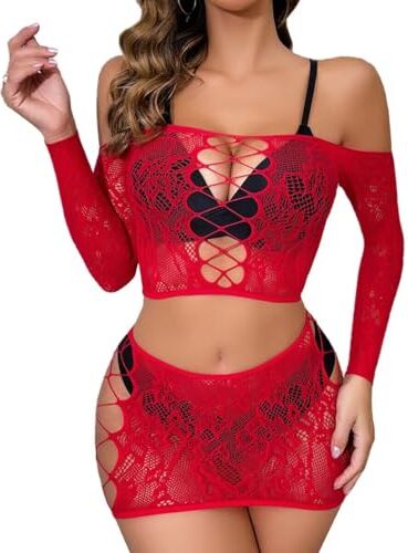 Buitifo Sexy Pezzi Lingerie Mini Abito da Donna a Rete Babydoll a Rete Abito Mini Abiti da Notte(Rosso JC,Taglia Unica)