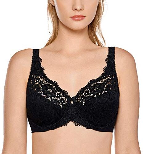 DELIMIRA Donna Reggiseno in Pizzo con Ferretto Taglie Forti Sostegno Senza Imbottito Nero 5E