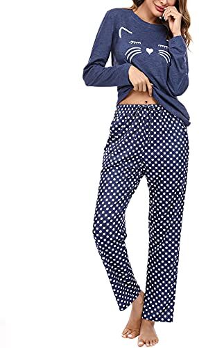 Uniexcosm Pigiama per Donna Pigiama Donna Cotone Lungo Leggero Gatto Girocollo Maniche Lunghe Pigiama Due Pezzi Donna a Tasche Laterali Gatto-Blu Navy S