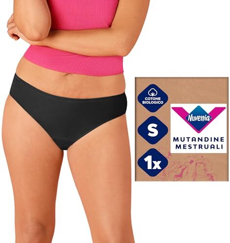 Nuvenia , Mutandine Mestruali in cotone biologico, modello slip brazilian, Lavabili e riutilizzabili con protezione integrata per Giorno e Notte, Flusso Abbondante, Colore Nero, Taglia S, 1 confezione