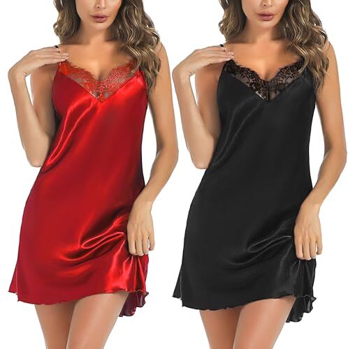 Marvmys Camicie Notte Donna Seta Camicie Notte Sexy Estive Scollo a V in Pizzo Tinta Unita Senza Maniche Lingerie Sottoveste con Spalline Sottili Regolabili S-XXL