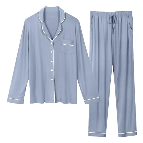 OCCIENTEC Set Pigiama da Donna, Morbidissimo, a Maniche Lunghe, con Bottoni, Blu, XL