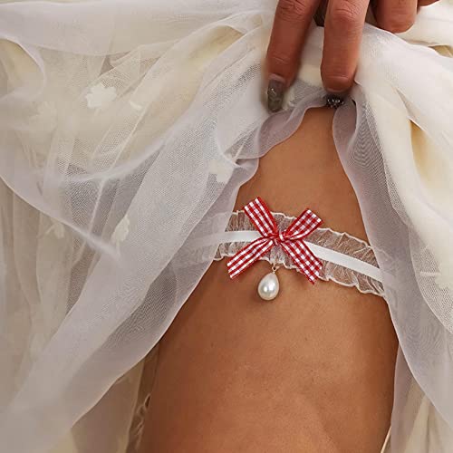 Wendalern Giarrettiere da Sposa per Sposa Cintura Giarrettiera in Pizzo Bianco Fiocco in Raso Anello Coscia a Goccia Fatto a Mano Giarrettiera Elasticizzata Festa Porm Accessorio Corpo per Donna