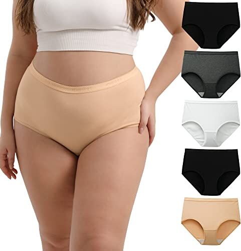 INNERSY Mutande Donna Taglie Forti Slip Cotone Vita Alta Elastiche Intimo Post Parto Pacco da 5 (EU 42-44, Beige,Bianco,2 Nero,Grigio)