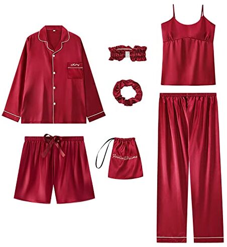 Jamron Donna 7PCS Raso Set Pigiama Primavera Estate Autunno Top & Pantaloni Indumenti da Notte SN07655 Rosso XXL