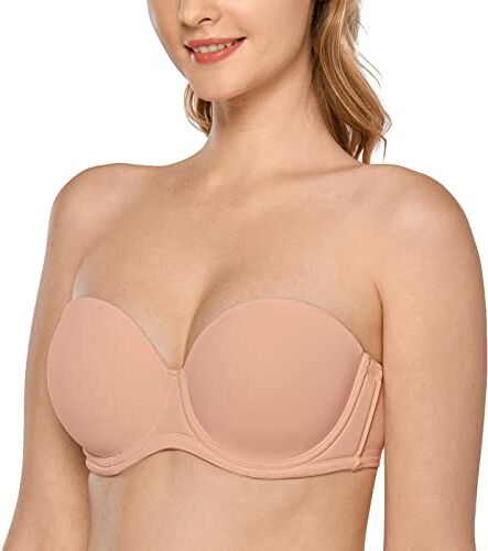 DELIMIRA Donna Reggiseno Senza Spalline Invisibile con Ferretto con Coppe Grandi Blush Beige 3H