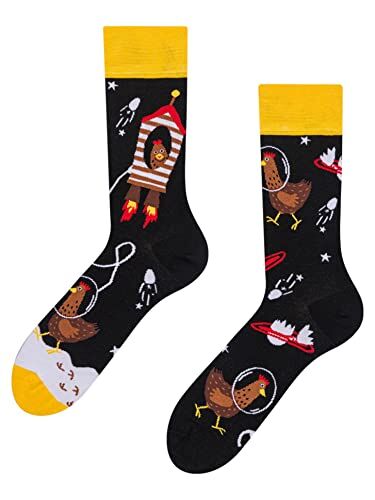 Dedoles Calzini Unisex Donna Uomo & Bambini Calze Cotone con tanti Design divertenti sinistra destra diversi, colore: Nero, disegno: Gallina astronauta, taglia: 35-38