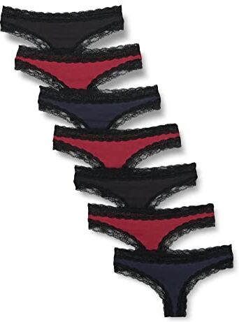 Iris & Lilly Intimo Perizoma in Cotone e Pizzo Donna, Pacco da 7, Blu Marino/Bordeaux/Nero, 50